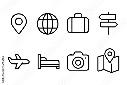 Travel and tourism icons: gps, globe, suitcase, and more, vector illustration