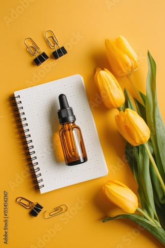 Modern Flatlay of Journal Essentials with Fresh Floral Accents