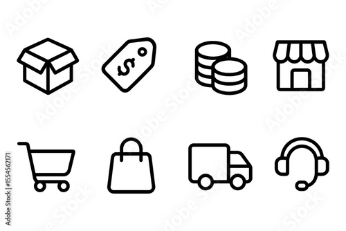 E-commerce icons set featuring shopping cart, price tag, coins, and storefront, vector illustration