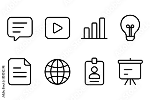 Minimalist icon set featuring communication, media, analytics, innovation, document, global network, id, presentation, vector illustration