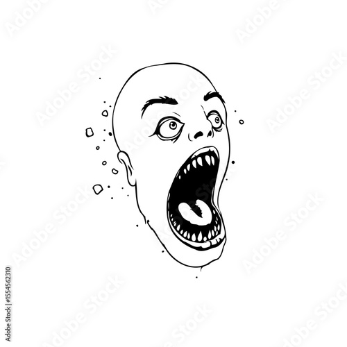 Expressive line art illustration of a screaming face conveying distress anguish or intense emotion with graphic details