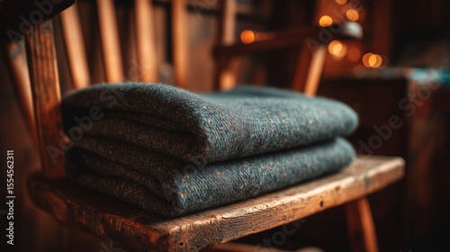 wool blanket on rustic wooden chair – cozy hygge-style interior image ideal for use in seasonal promotions, home decor catalogs, or lifestyle blog posts about warmth and comfort