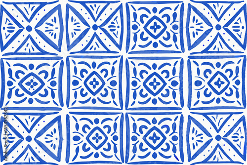Italian blue ceramic tile pattern. Doodle sketch ink. Mediterranean porcelain pottery. Minimalist vector line art. Mexican talavera, portuguese azulejo, spanish majolica, arabesque motif