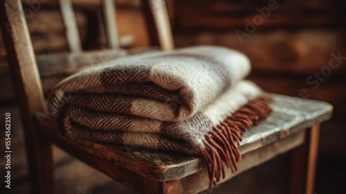 wool blanket on rustic wooden chair – cozy hygge-style interior image ideal for use in seasonal promotions, home decor catalogs, or lifestyle blog posts about warmth and comfort