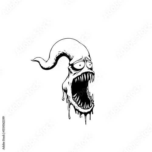 Cartoonish horror design showcasing the unique creature head with an exaggerated expression, embodying fear, and surprise