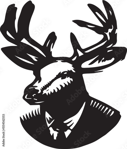 This black and white illustration portrays a majestic deer head, distinctively wearing a formal suit and tie. The antlers are prominently displayed, contrasting with the refined attire. This unexpecte