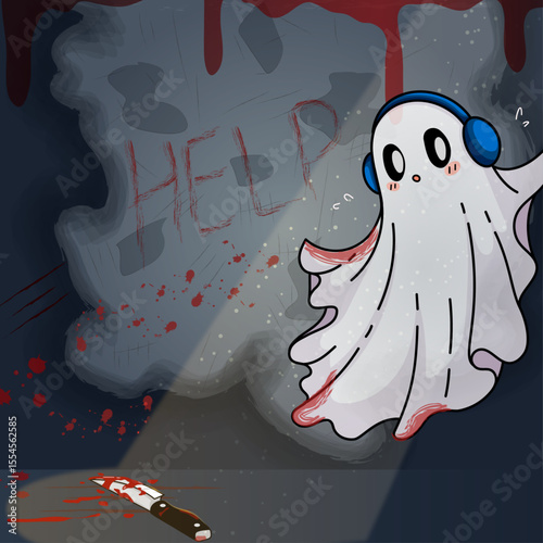 Cute Ghost in Bloody Crime Scene with Help Written on Wall – Creepy Halloween Cartoon Illustration