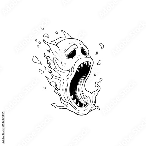 Spooky ghost illustration with a wide open mouth floating in white background for Halloween season