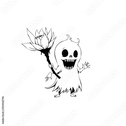 Whimsical ghost with a water lily illustration featuring spooky charm and a delicate floral element, creating a unique visual narrative