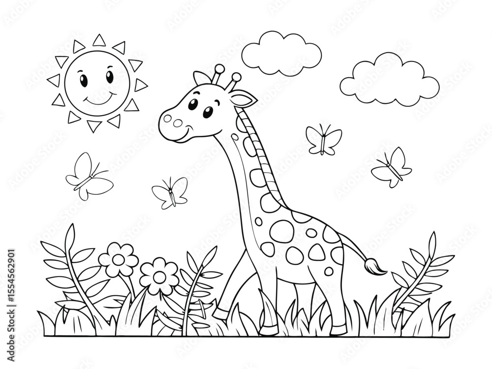 Naklejka premium Cute giraffe and flowers easy coloring page for kids. A cute giraffe coloring page