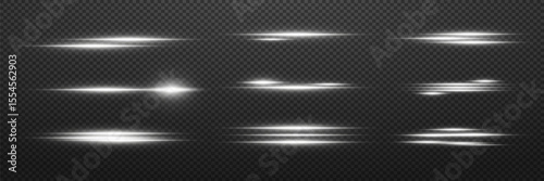 Collection of white neon laser beams, horizontal lines of light. Vector. On a transparent background.