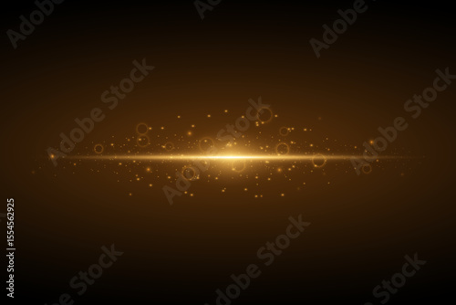 Abstract bright beam of golden light explodes. Flash of bright yellow light. Glowing line with dust. EPS 10 on transparent background.