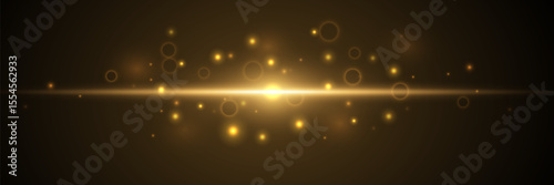 Abstract bright beam of golden light explodes. Flash of bright yellow light. Glowing line with dust. EPS 10 on transparent background.