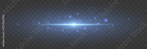 Abstract bright beam of blue light explodes. Flash of bright blue light. Glowing line with dust. EPS 10 on transparent background.