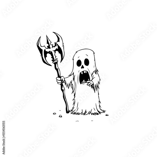 A spooky cartoon ghost wielding a menacing trident stands tall ready for halloween and trick or treat adventure