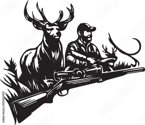 This black and white illustration depicts a hunter in a cap, holding a scoped rifle, with a majestic stag standing behind him and another deer in the background. The detailed depiction of both the hun