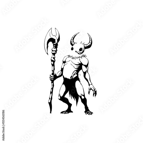 Illustration of a demonic creature with horns holding a weapon, suitable for fantasy games or dark art