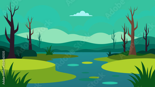 Stylized italian landscape with rolling green hills and cypress trees under a blue sky