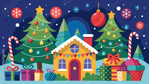 Charming christmas scene with decorated trees presents and a cozy house
