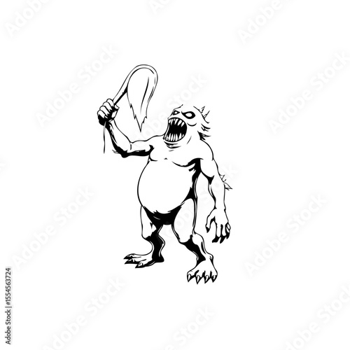 Illustration of a menacing monster holding a weapon, suitable for horror-themed designs and fantasy based projects, this scary