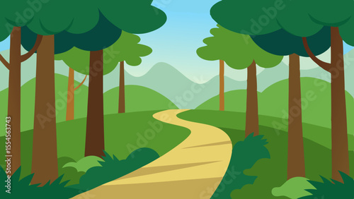 Cartoon forest landscape with green grass trees and fluffy clouds in a blue sky