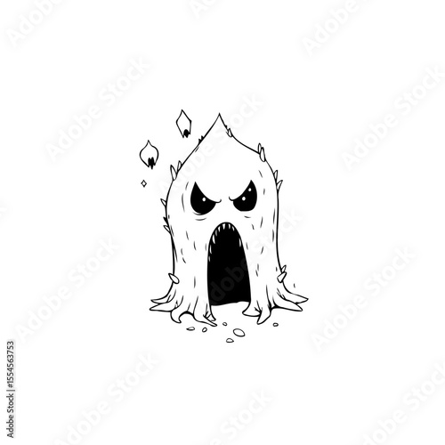 Whimsical halloween ghost cartoon illustration with spooky eyes and scary mouth design line art