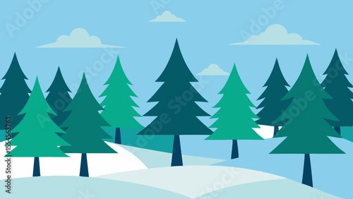 Cartoon landscape with green grass trees and fluffy clouds in a blue sky