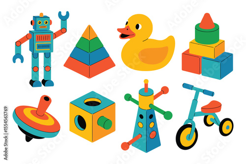 Vibrant illustration of colorful toys including robot duck and stackable toy

