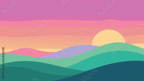 Cartoon landscape with green rolling hills trees clouds and rocks under blue sky