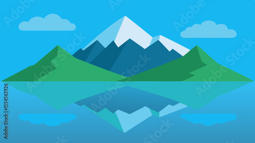 Stylized mountain range reflected in calm water with clouds in blue sky