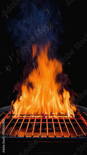 Intense orange flames and smoke rise from a hot barbecue grill with sparks against a dark background