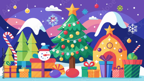 Whimsical christmas scene with snowman decorated tree and gifts