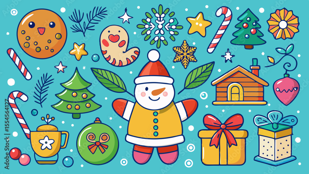 Fototapeta premium Cute christmas illustrations with snowman gingerbread man candy canes and presents
