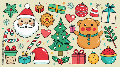 Cute christmas doodle elements featuring santa claus gingerbread man and decorated tree