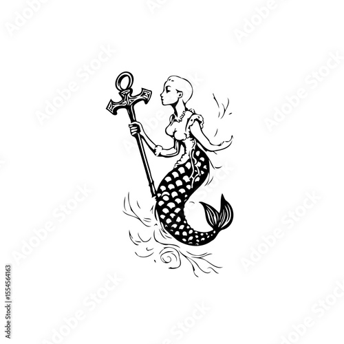Elegant fantasy mermaid maiden illustration holding antique anchor in monochrome design on clean white background is captivating
