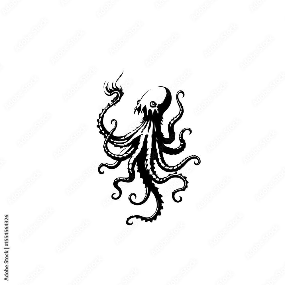 Fototapeta premium A black and white illustration of a sinister octopus with menacing eyes and tentacles that swirl and creep