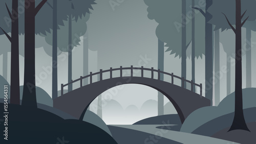 Serene arched bridge crossing a path through a misty dark forest landscape