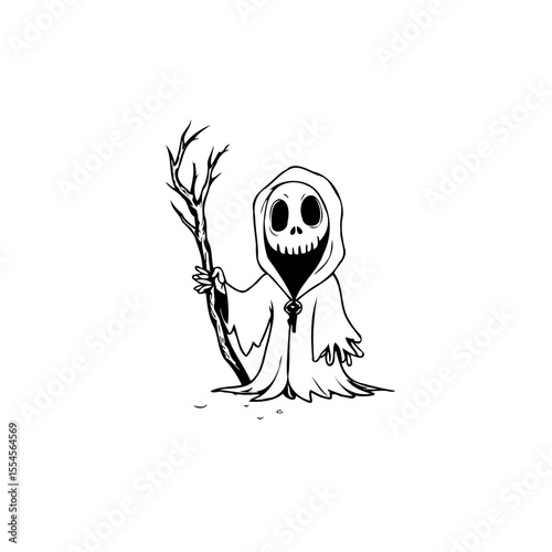 A spooky grim reaper cartoon character holding branch illustration isolated on a white background design