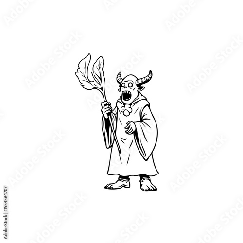 Enchanting depiction of a horned wizard-like creature holding plant isolated on white beckons to curiosity illustration