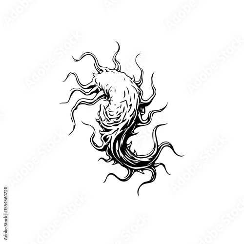 Stylized parasitic worm or creature drawing tentacles black and white illustration isolated on white background illustration, graphic design