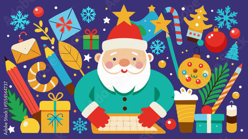 Santa claus surrounded by festive christmas elements and school supplies