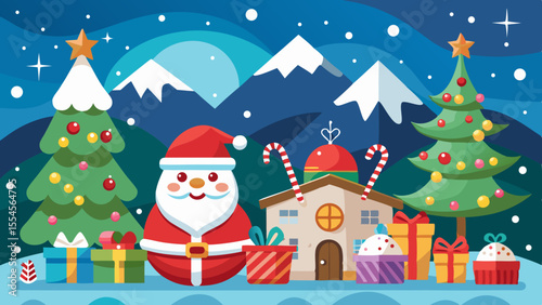 Charming christmas scene with santa claus decorated trees gifts and a cozy house