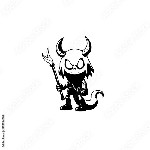 Cartoonish devil character illustration with horns and tail holding a torch for dark style