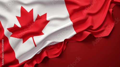  Red and white flag with maple leaf. Fabric waves gently on a red surface.