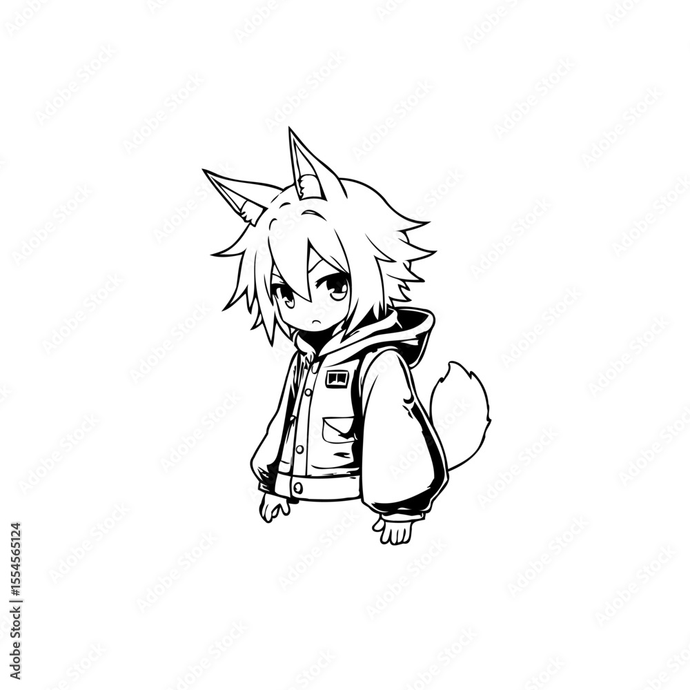 Fototapeta premium A charming anime character with wolf ears and tail in a jacket illustration perfect for anime lovers