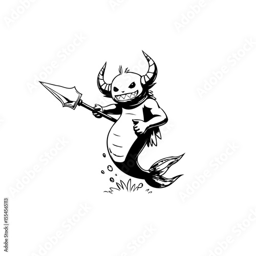 Cartoon horned monster with a fish tail wielding a spear character artwork design isolated background