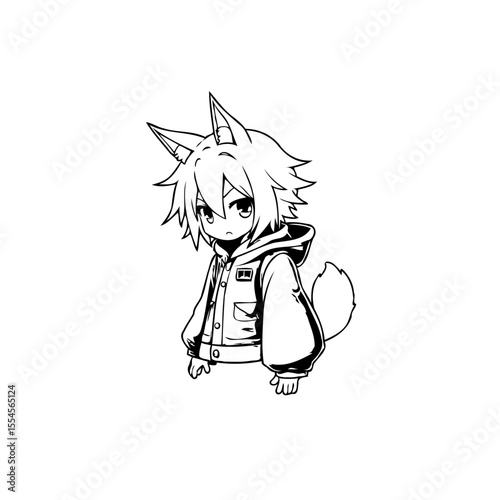 A charming anime character with wolf ears and tail in a jacket illustration perfect for anime lovers