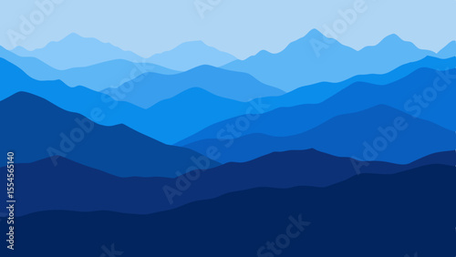 Layered blue mountain range silhouette against a pale sky background