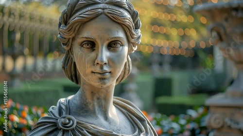  Stone statue of woman stands in garden. Soft lights glow in the background.