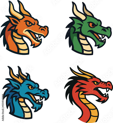 Set of dragon heads. Colorful fantasy creatures in cartoon mascot style